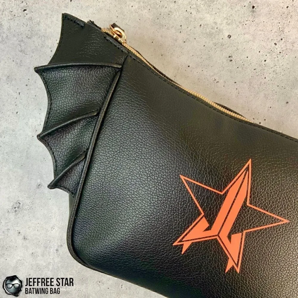 JEFFREE STAR BAT PURSE ZIPPER MAKEUP COSMETIC BAG IN BLACK VEGAN LEATHER BATWING